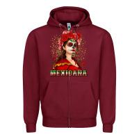 Burgundy Sugar skull girl with Mexicana Zipper Hoodie - NancyCooperArtShop