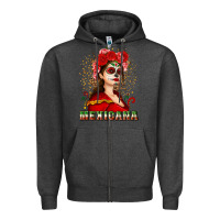 Charcoal Heather Sugar skull girl with Mexicana Zipper Hoodie - NancyCooperArtShop