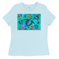 Baby Blue Turtle Seashells Starfish Ladies Tee - Artiststas