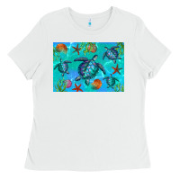 White Turtle Seashells Starfish Ladies Tee - Artiststas