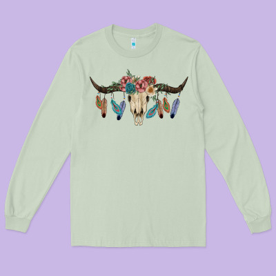 Texas Longhorn Bull Skull Long Sleeve Tee Designed By Jahusdesignshop