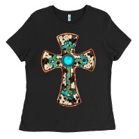 Black cowhide gemstone  cross Ladies Tee - JahusDesignShop
