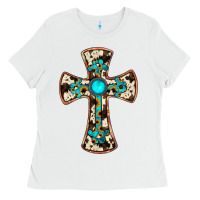 White cowhide gemstone  cross Ladies Tee - JahusDesignShop