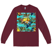 Burgundy Lake Fish And Reeds With Leopard Seamless Pattern Bbs Long Sleeve Tee - BundleAndBundleShop