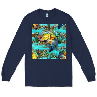 Navy Lake Fish And Reeds With Leopard Seamless Pattern Bbs Long Sleeve Tee - BundleAndBundleShop