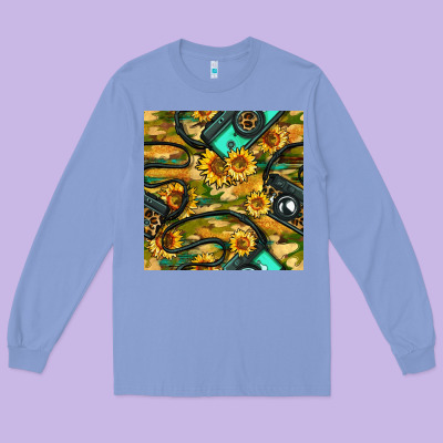 Leopard Digital Camera And Sunflowers With Camouflage Seamless Pattern Long Sleeve Tee Designed By Bundleandbundleshop