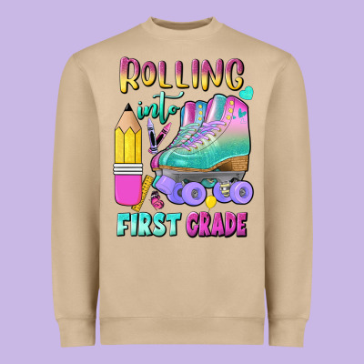 Rolling Into First Grade Heavyweight Sweatshirt Designed By Bundleandbundleshop