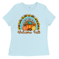 Baby Blue Welcome Fall Rainbow Ladies Tee - Artiststas