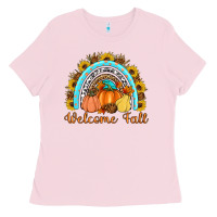 Bubblegum Pink Welcome Fall Rainbow Ladies Tee - Artiststas