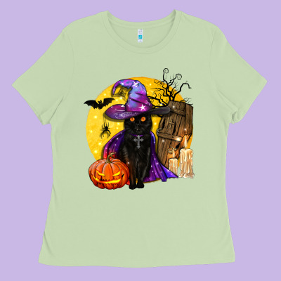 Black Witch Cat Coffin And Moon Ladies Tee Designed By Bundleandbundleshop
