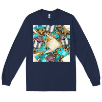 Navy Paper Fish And Canned With Anchor Seamless Pattern Pbs Long Sleeve Tee - BundleAndBundleShop