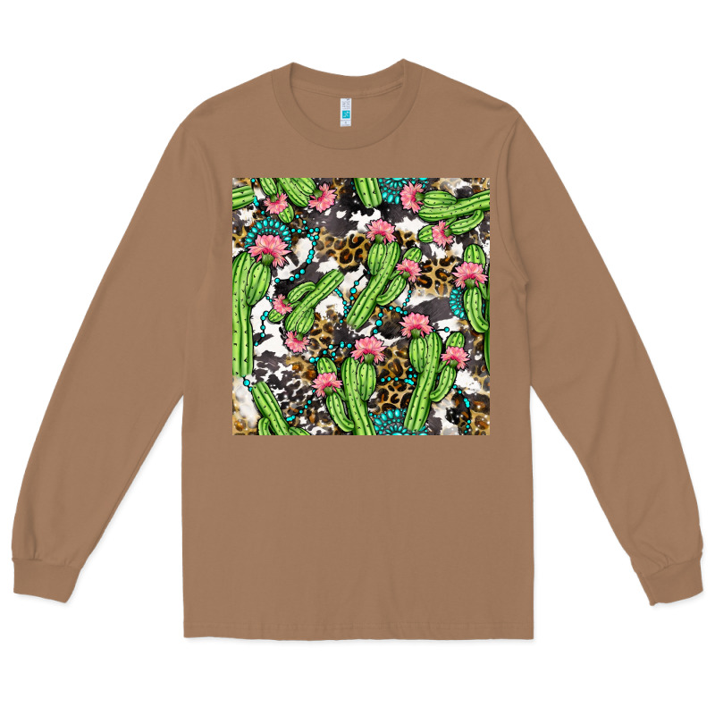Western Cactus And Turquoise Gemstone With Leopard And Cowhide Seamles Long Sleeve Tee by BundleAndBundleShop | Teevron