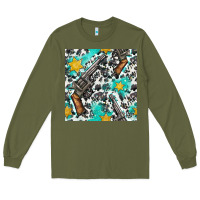 Army Green Western Gun And Sheriff Stars With Cowhide Seamless Pattern Long Sleeve Tee - BundleAndBundleShop