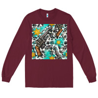 Burgundy Western Gun And Sheriff Stars With Cowhide Seamless Pattern Long Sleeve Tee - BundleAndBundleShop