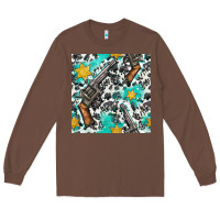 Chestnut Western Gun And Sheriff Stars With Cowhide Seamless Pattern Long Sleeve Tee - BundleAndBundleShop