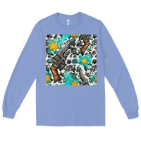 Colony Blue Western Gun And Sheriff Stars With Cowhide Seamless Pattern Long Sleeve Tee - BundleAndBundleShop