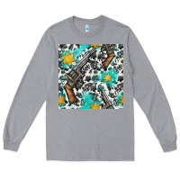 Heather Grey Western Gun And Sheriff Stars With Cowhide Seamless Pattern Long Sleeve Tee - BundleAndBundleShop