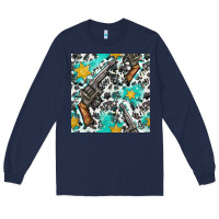 Navy Western Gun And Sheriff Stars With Cowhide Seamless Pattern Long Sleeve Tee - BundleAndBundleShop