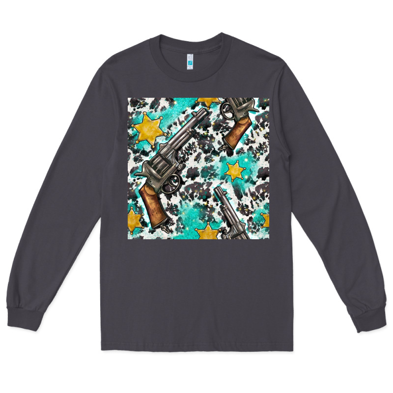 Western Gun And Sheriff Stars With Cowhide Seamless Pattern Long Sleeve Tee by BundleAndBundleShop | Teevron