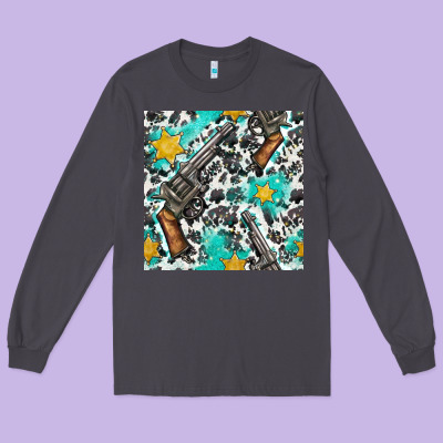 Western Gun And Sheriff Stars With Cowhide Seamless Pattern Long Sleeve Tee Designed By Bundleandbundleshop
