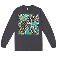 Smoke Western Gun And Sheriff Stars With Cowhide Seamless Pattern Long Sleeve Tee - BundleAndBundleShop