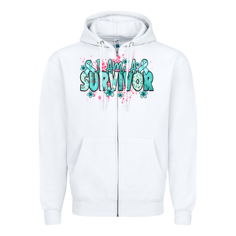 I Am A Survivor Teal Ribbon Ovarian Cancer Zipper Hoodie by NancyCooperArtShop | Teevron