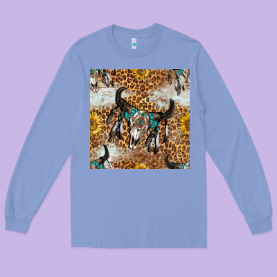 Western Bull Skull And Sunflowers With Leopard Seamless Pattern Long Sleeve Tee Designed By Bundleandbundleshop