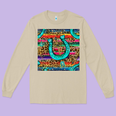 Western Horseshoe And Arrow With Leopard And Serape Seamless Pattern Long Sleeve Tee Designed By Bundleandbundleshop