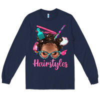 Navy Afro Bantu Knots Hairstyles Messy Bun With Clasp Bbs Long Sleeve Tee - BundleAndBundleShop
