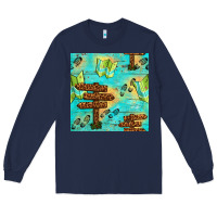Navy Wooden Signboard And Gamping Map Seamless Pattern Long Sleeve Tee - BundleAndBundleShop