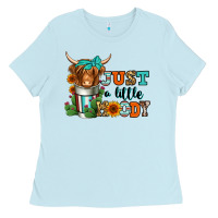 Baby Blue just a little moody coffee cup long haired cow Ladies Tee - Jasminsmagicworld