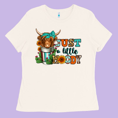 Just A Little Moody Coffee Cup Long Haired Cow Ladies Tee Designed By Jasminsmagicworld