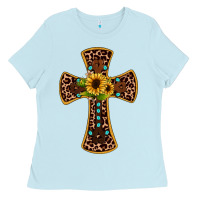 Baby Blue leopard gemstone sunflower cross Ladies Tee - JahusDesignShop