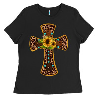 Black leopard gemstone sunflower cross Ladies Tee - JahusDesignShop