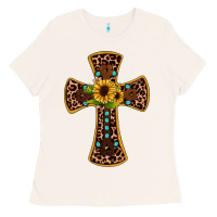Leopard Gemstone Sunflower Cross Ladies Tee | Teevron
