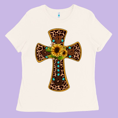 Leopard Gemstone Sunflower Cross Ladies Tee Designed By Jahusdesignshop