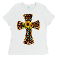 White leopard gemstone sunflower cross Ladies Tee - JahusDesignShop