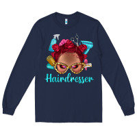 Navy Afro Bantu Knots Red Hairdresser With Leopard Glasses Bbs Long Sleeve Tee - BundleAndBundleShop