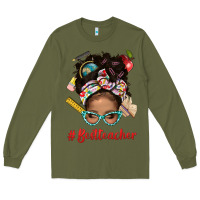 Army Green Afro Messy Bun Best Teacher With Leopard Glasses Bbs Long Sleeve Tee - BundleAndBundleShop