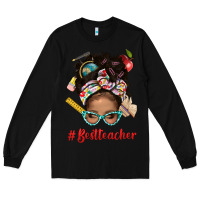 Black Afro Messy Bun Best Teacher With Leopard Glasses Bbs Long Sleeve Tee - BundleAndBundleShop