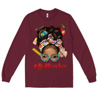 Burgundy Afro Messy Bun Best Teacher With Leopard Glasses Bbs Long Sleeve Tee - BundleAndBundleShop