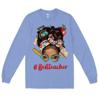 Colony Blue Afro Messy Bun Best Teacher With Leopard Glasses Bbs Long Sleeve Tee - BundleAndBundleShop