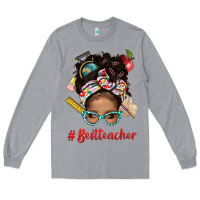 Heather Grey Afro Messy Bun Best Teacher With Leopard Glasses Bbs Long Sleeve Tee - BundleAndBundleShop