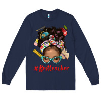 Navy Afro Messy Bun Best Teacher With Leopard Glasses Bbs Long Sleeve Tee - BundleAndBundleShop