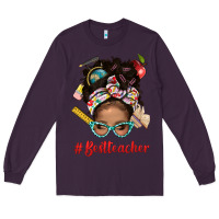 Plum Afro Messy Bun Best Teacher With Leopard Glasses Bbs Long Sleeve Tee - BundleAndBundleShop