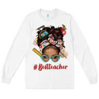 Afro Messy Bun Best Teacher With Leopard Glasses Bbs Long Sleeve Tee | Teevron