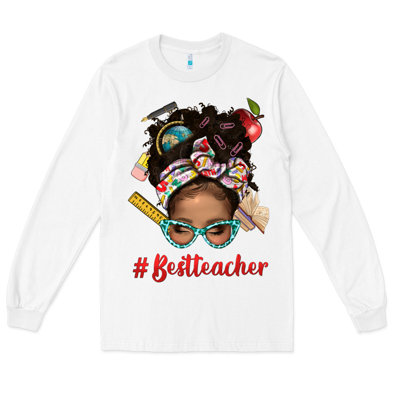 Afro Messy Bun Best Teacher With Leopard Glasses Bbs Long Sleeve Tee by BundleAndBundleShop | Teevron