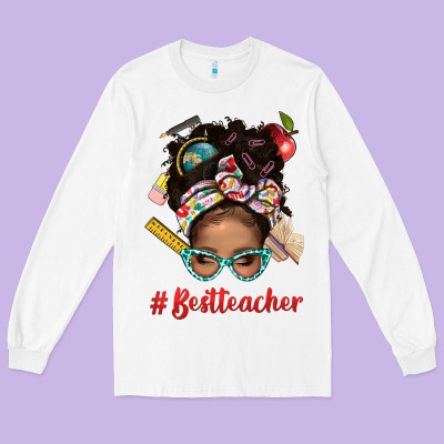 Afro Messy Bun Best Teacher With Leopard Glasses Bbs Long Sleeve Tee Designed By Bundleandbundleshop
