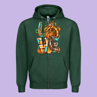 Love Turkey Thanksgiving Zipper Hoodie Designed By Texasbilliewilder