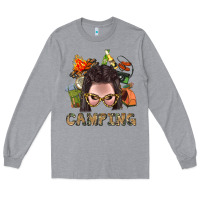 Heather Grey Camping Braid Hair Woman With Fire Bbs Long Sleeve Tee - BundleAndBundleShop